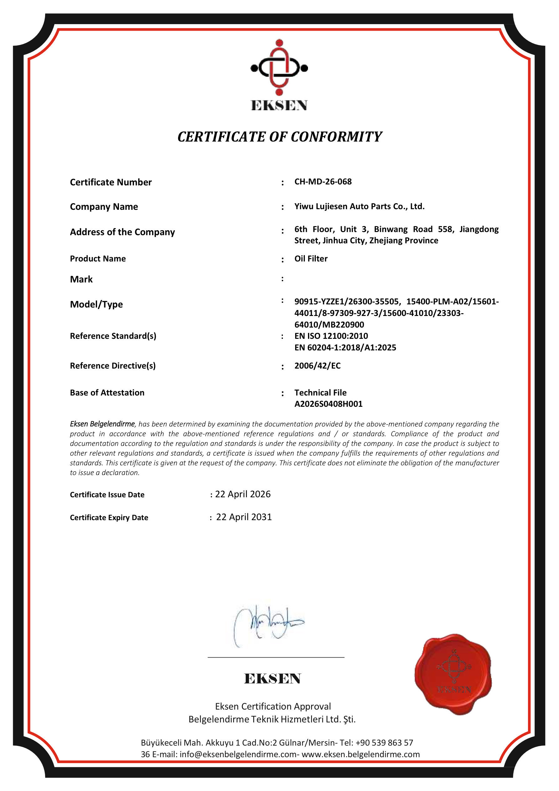 WAK ELITE CE certificate